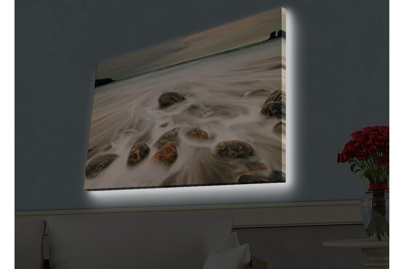 Lærredsbillede med LED-belysning - Strandscene med blide bølger, der omslutter klipper - Grå / Beige / Sort - Boligtilbehør - Billeder & kunst - Billeder på lærred
