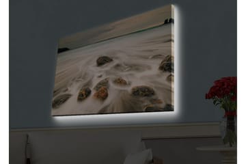 Lærredsbillede med LED-belysning - Strandscene med blide bølger, der omslutter klipper - Grå / Beige / Sort - Boligtilbehør - Billeder & kunst - Billeder på lærred