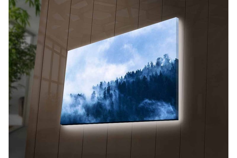 Lærredsbillede med LED-belysning - Tåge fejer hen over en skov af høje træer - Mørkeblå / Lyseblå / Grå - Boligtilbehør - Billeder & kunst - Billeder på lærred