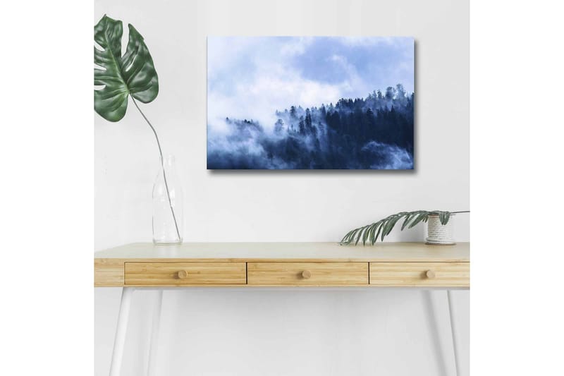 Lærredsbillede med LED-belysning - Tåge fejer hen over en skov af høje træer - Mørkeblå / Lyseblå / Grå - Boligtilbehør - Billeder & kunst - Billeder på lærred