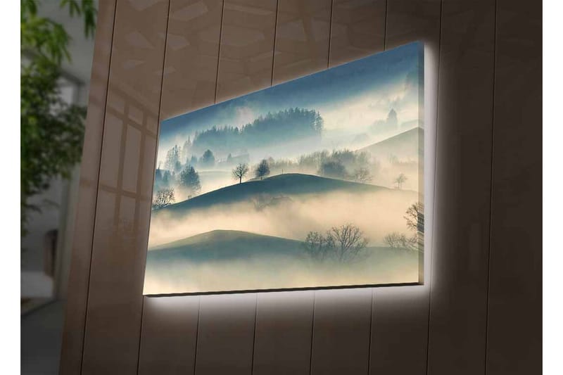 Lærredsbillede med LED-belysning - Tåge over bølgende landskab med ensomme træer - Grå / Blå / Beige - Boligtilbehør - Billeder & kunst - Billeder på lærred