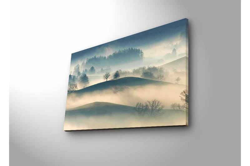 Lærredsbillede med LED-belysning - Tåge over bølgende landskab med ensomme træer - Grå / Blå / Beige - Boligtilbehør - Billeder & kunst - Billeder på lærred