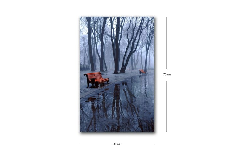 Lærredsbillede med LED-belysning - Tåge over en park med bænke og refleksioner i vandpytter - Mørkeblå / Grå / Orange - Boligtilbehør - Billeder & kunst - Billeder på lærred
