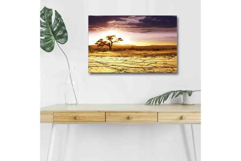 Lærredsbillede med LED-belysning - Tørret landskab med et ensomt akacietræ ved solnedgang, Guld / Lilla / Orange