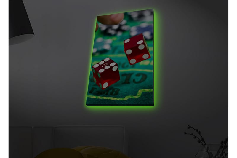 Lærredsbillede med LED-belysning - Terninger kastet på en grøn spillebane, Rød / Grøn / Sort