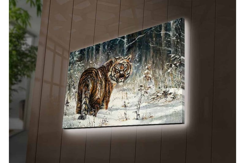 Lærredsbillede med LED-belysning - Tiger i sneklædt skovmiljø - Orange / Hvid / Grå - Boligtilbehør - Billeder & kunst - Billeder på lærred