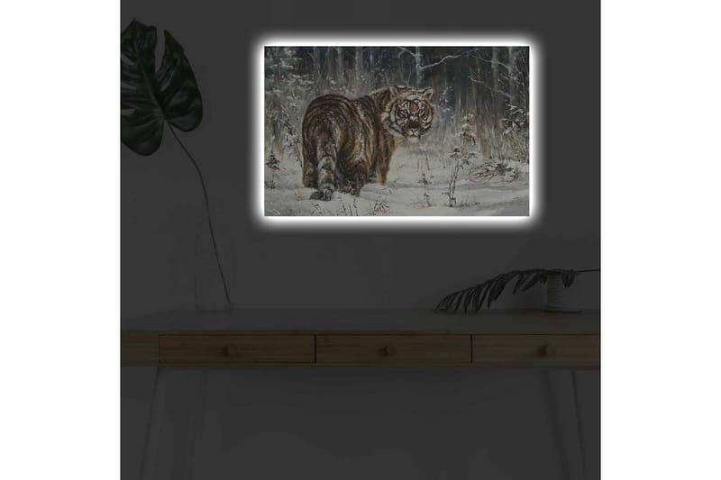 Lærredsbillede med LED-belysning - Tiger i sneklædt skovmiljø - Orange / Hvid / Grå - Boligtilbehør - Billeder & kunst - Billeder på lærred