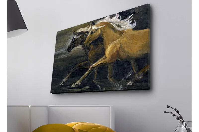 Lærredsbillede med LED-belysning - To heste i bevægelse med kraftfulde muskuløse former - Guld / Sort - Boligtilbehør - Billeder & kunst - Billeder på lærred