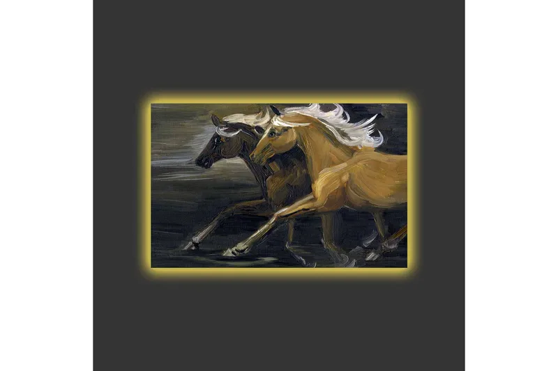 Lærredsbillede med LED-belysning - To heste i bevægelse med kraftfulde muskuløse former - Guld / Sort - Boligtilbehør - Billeder & kunst - Billeder på lærred