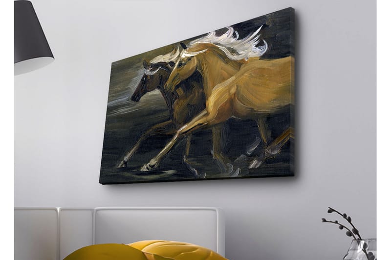 Lærredsbillede med LED-belysning - To heste i bevægelse med kraftfulde muskuløse former - Guld / Sort - Boligtilbehør - Billeder & kunst - Billeder på lærred