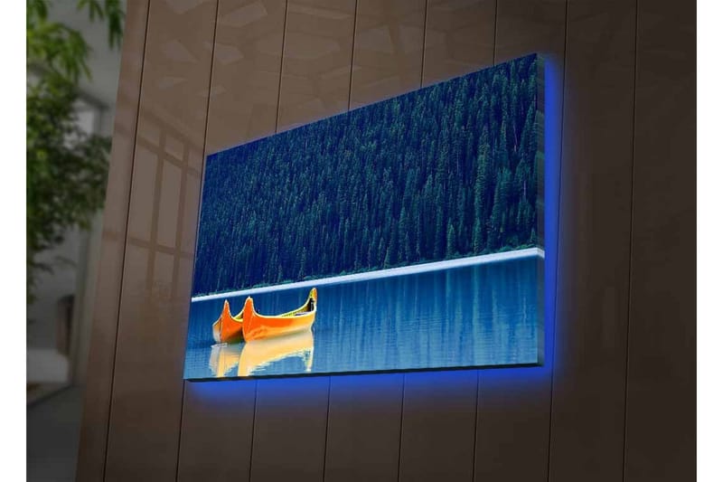 Lærredsbillede med LED-belysning - To kanoer i en spejlblank sø omgivet af tæt skov - Blå / Orange - Boligtilbehør - Billeder & kunst - Billeder på lærred