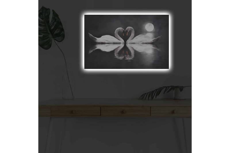 Lærredsbillede med LED-belysning - To svaner danner et hjerte i en spejlblank sø under en måne - Hvid / Sort / Grå - Boligtilbehør - Billeder & kunst - Billeder på lærred