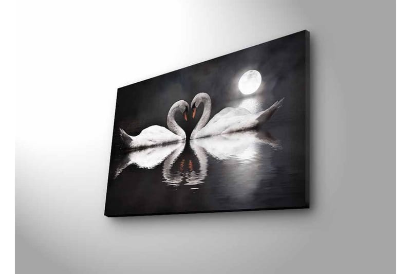 Lærredsbillede med LED-belysning - To svaner danner et hjerte i en spejlblank sø under en måne - Hvid / Sort / Grå - Boligtilbehør - Billeder & kunst - Billeder på lærred