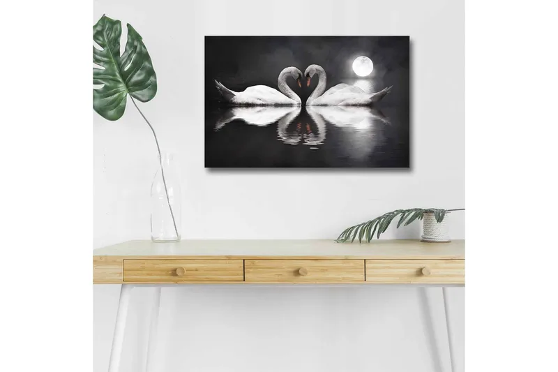 Lærredsbillede med LED-belysning - To svaner danner et hjerte i en spejlblank sø under en måne, Hvid / Sort / Grå