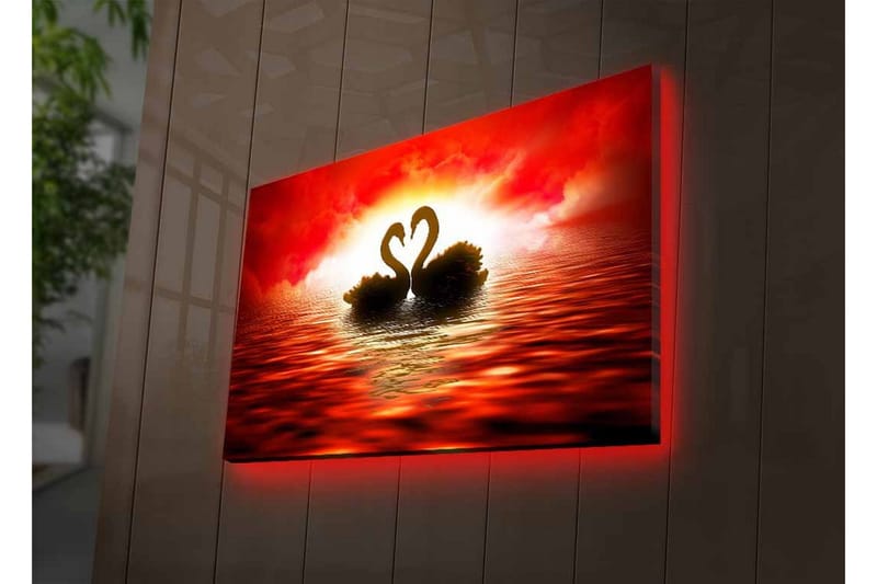 Lærredsbillede med LED-belysning - To svaner danner et hjerte mod en dramatisk solnedgang - Rød / Sort / Orange - Boligtilbehør - Billeder & kunst - Billeder på lærred