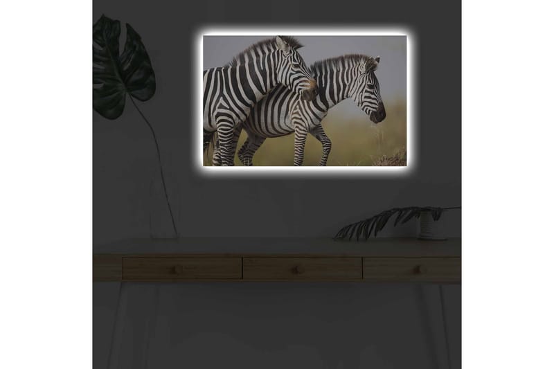 Lærredsbillede med LED-belysning - To zebraer står tæt sammen i et naturligt miljø - Sort / Hvid / Beige - Boligtilbehør - Billeder & kunst - Billeder på lærred