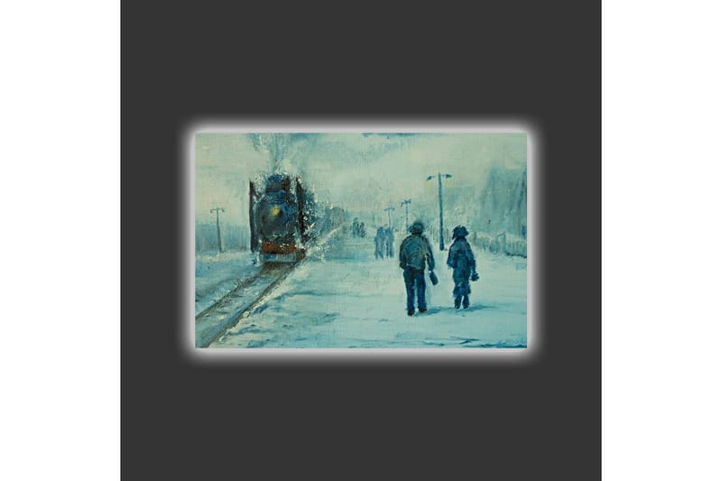 Lærredsbillede med LED-belysning - To personer går i sneen under en tåget himmel - Blå / Hvid / Grå - Boligtilbehør - Billeder & kunst - Billeder på lærred