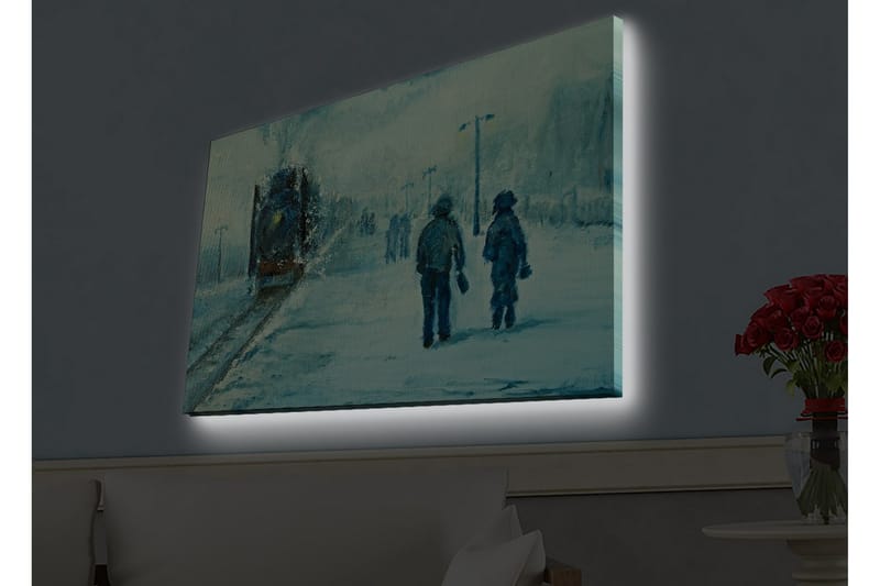 Lærredsbillede med LED-belysning - To personer går i sneen under en tåget himmel - Blå / Hvid / Grå - Boligtilbehør - Billeder & kunst - Billeder på lærred