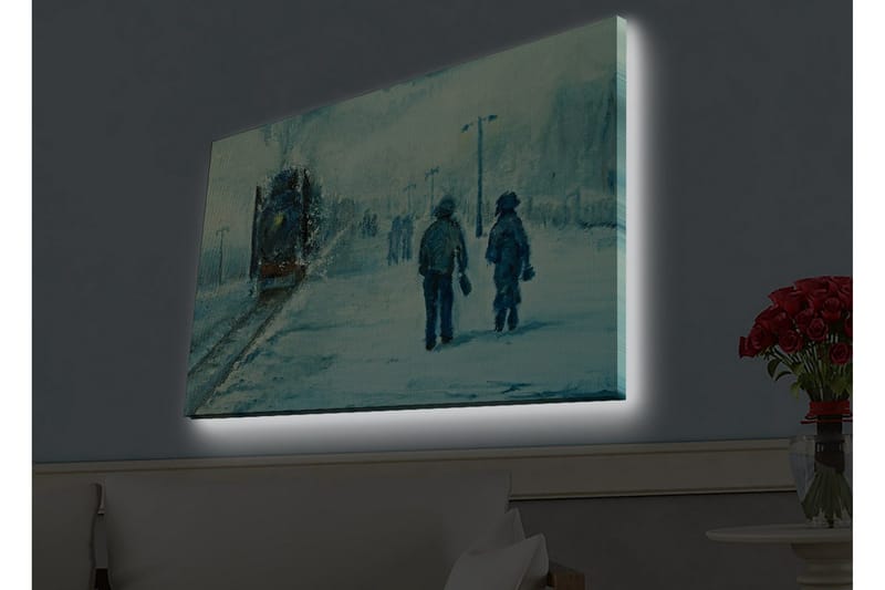Lærredsbillede med LED-belysning - To personer går i sneen under en tåget himmel - Blå / Hvid / Grå - Boligtilbehør - Billeder & kunst - Billeder på lærred
