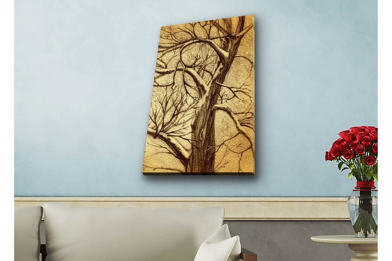 Lærredsbillede med LED-belysning - Træ med grene i en stiliseret, gylden komposition, Guld / Brun