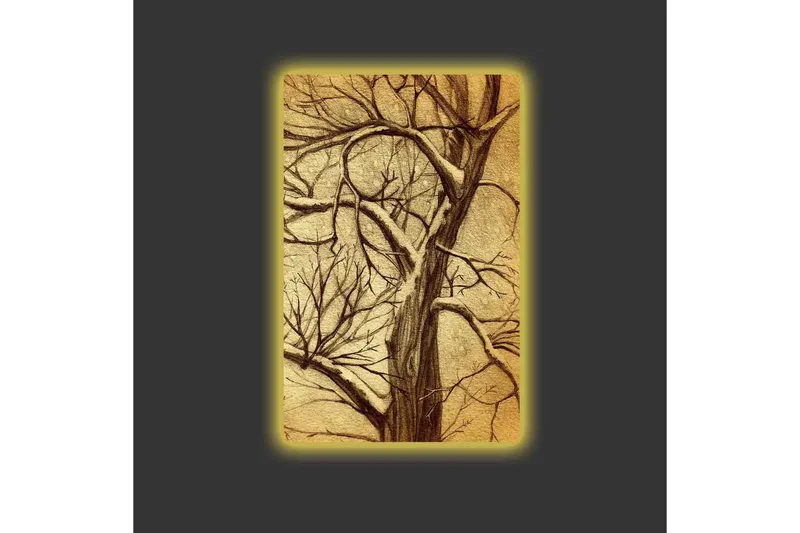 Lærredsbillede med LED-belysning - Træ med grene i en stiliseret, gylden komposition - Guld / Brun - Boligtilbehør - Billeder & kunst - Billeder på lærred