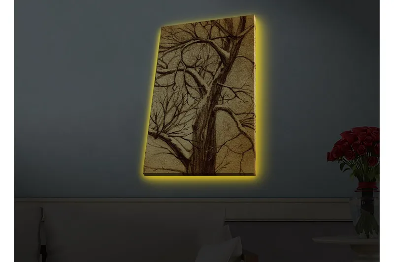Lærredsbillede med LED-belysning - Træ med grene i en stiliseret, gylden komposition - Guld / Brun - Boligtilbehør - Billeder & kunst - Billeder på lærred