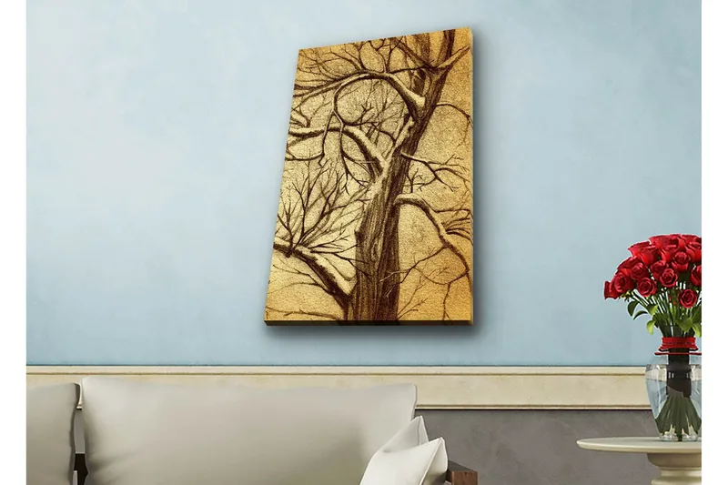 Lærredsbillede med LED-belysning - Træ med grene i en stiliseret, gylden komposition, Guld / Brun