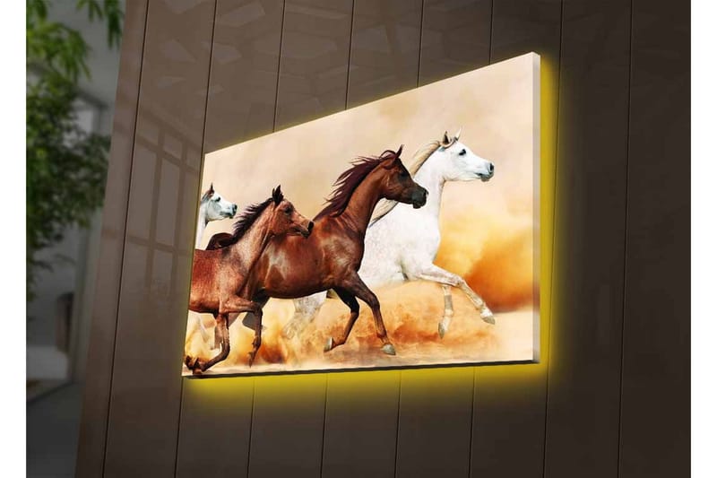 Lærredsbillede med LED-belysning - Tre heste i bevægelse på en sandet overflade - Brun / Hvid / Beige - Boligtilbehør - Billeder & kunst - Billeder på lærred