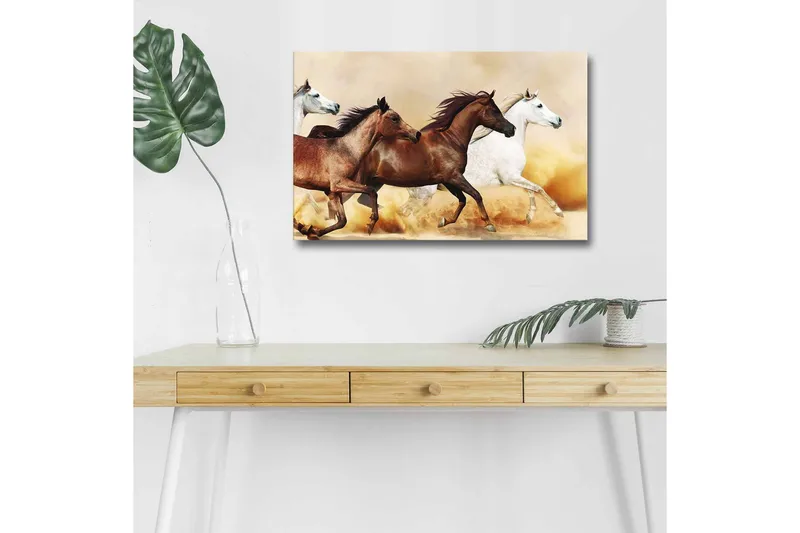 Lærredsbillede med LED-belysning - Tre heste i bevægelse på en sandet overflade, Brun / Hvid / Beige