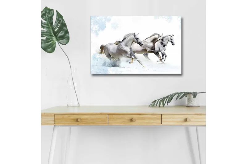 Lærredsbillede med LED-belysning - Tre hvide heste galoperer gennem et snedækket landskab, Hvid / Lysegrå / Blå