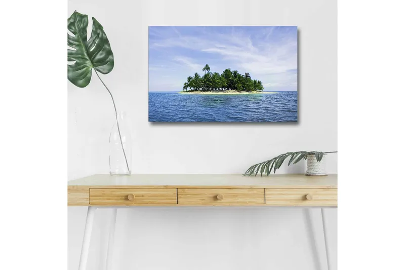 Lærredsbillede med LED-belysning - Tropisk ø med palmer omgivet af klart blåt hav, Blå / Grøn / Beige