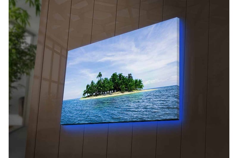 Lærredsbillede med LED-belysning - Tropisk ø med palmer omgivet af klart blåt hav - Blå / Grøn / Beige - Boligtilbehør - Billeder & kunst - Billeder på lærred