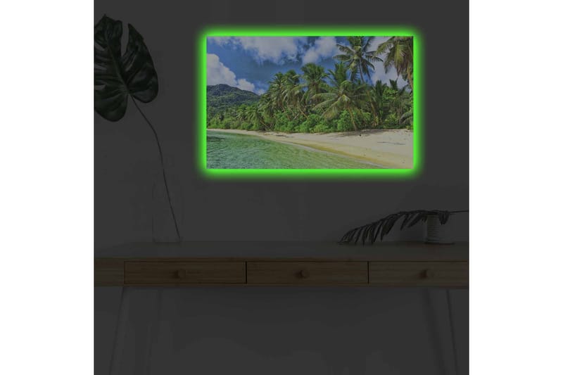 Lærredsbillede med LED-belysning - Tropisk strand med palmer og klart vand - Grøn / Blå / Sandfarvet - Boligtilbehør - Billeder & kunst - Billeder på lærred