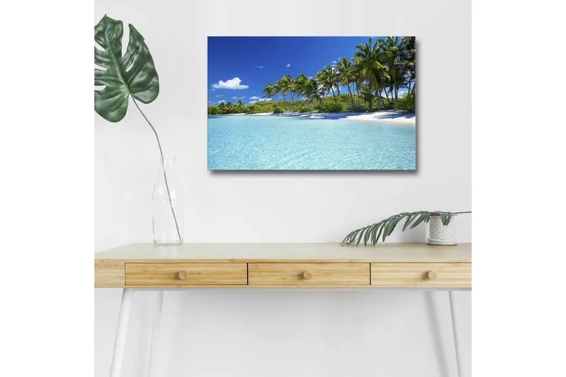 Lærredsbillede med LED-belysning - Tropisk strand med palmer og klart vand, Blå / Grøn / Hvid
