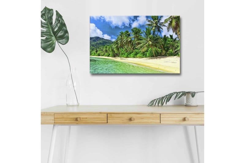 Lærredsbillede med LED-belysning - Tropisk strand med palmer og klart vand, Grøn / Blå / Sandfarvet