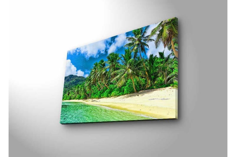 Lærredsbillede med LED-belysning - Tropisk strand med palmer og klart vand - Grøn / Blå / Sandfarvet - Boligtilbehør - Billeder & kunst - Billeder på lærred