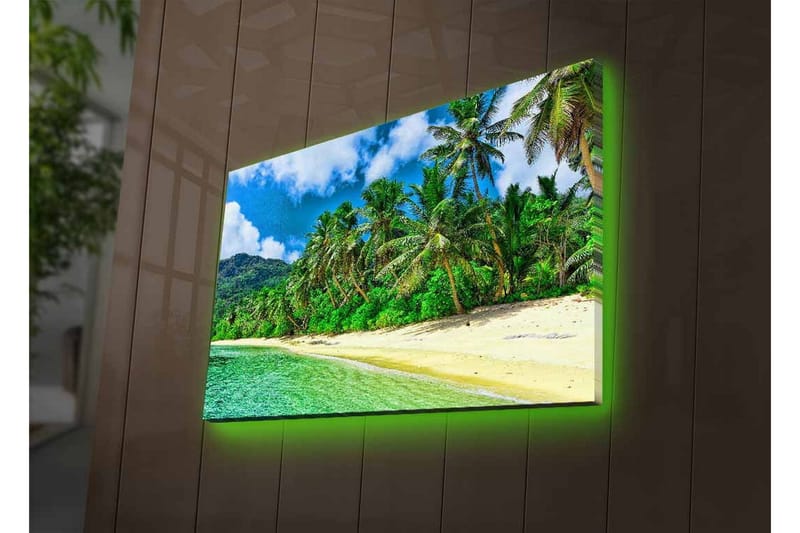 Lærredsbillede med LED-belysning - Tropisk strand med palmer og klart vand - Grøn / Blå / Sandfarvet - Boligtilbehør - Billeder & kunst - Billeder på lærred