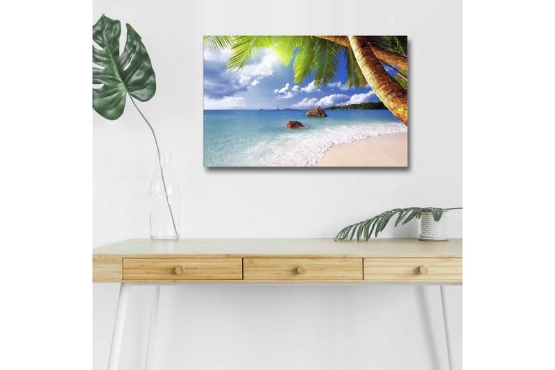 Lærredsbillede med LED-belysning - Tropisk strand med palmer og klart blåt hav, Blå / Grøn / Beige