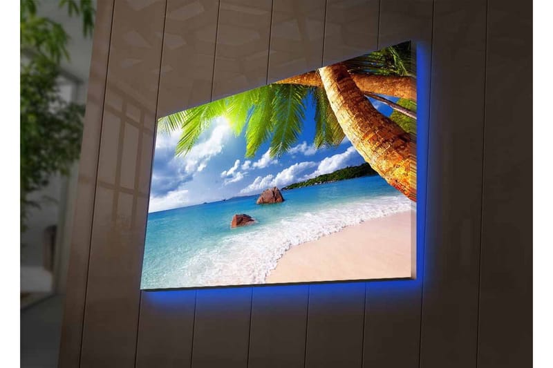 Lærredsbillede med LED-belysning - Tropisk strand med palmer og klart blåt hav - Blå / Grøn / Beige - Boligtilbehør - Billeder & kunst - Billeder på lærred