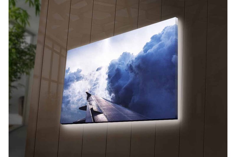 Lærredsbillede med LED-belysning - Udsigt fra en flyvinge mod dramatiske skyformationer - Mørkeblå / Lysegrå / Hvid - Boligtilbehør - Billeder & kunst - Billeder på lærred