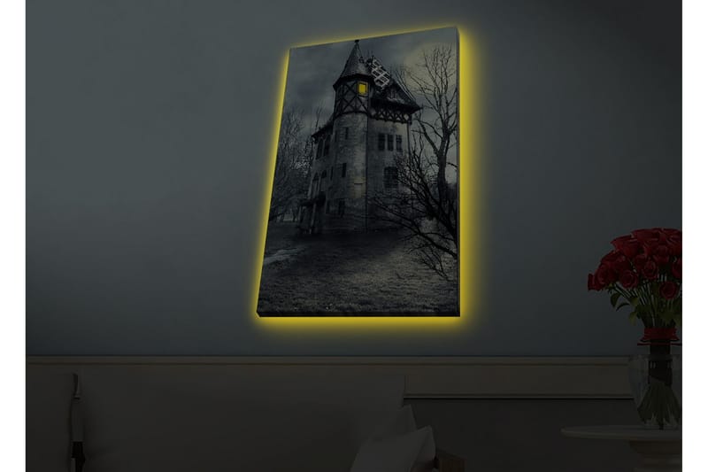 Lærredsbillede med LED-belysning - Uhyggelig palæ omgivet af døde træer - Grå / Sort / Gul - Boligtilbehør - Billeder & kunst - Billeder på lærred