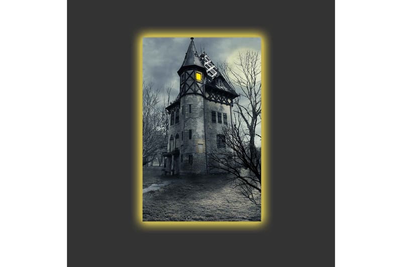 Lærredsbillede med LED-belysning - Uhyggelig palæ omgivet af døde træer - Grå / Sort / Gul - Boligtilbehør - Billeder & kunst - Billeder på lærred