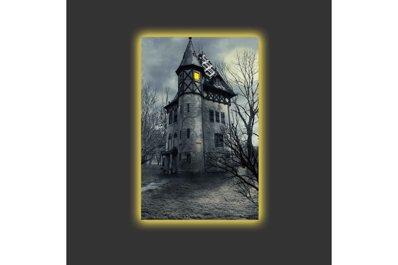 Lærredsbillede med LED-belysning - Uhyggelig palæ omgivet af døde træer - Grå / Sort / Gul - Boligtilbehør - Billeder & kunst - Billeder på lærred