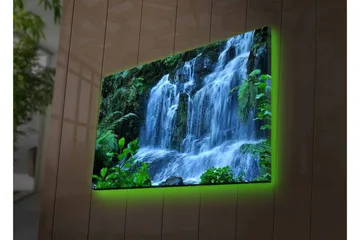Lærredsbillede med LED-belysning - Vandfald omgivet af frodig grøn natur - Grøn / Blå / Hvid - Boligtilbehør - Billeder & kunst - Billeder på lærred