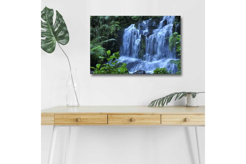 Lærredsbillede med LED-belysning - Vandfald omgivet af frodig grøn natur, Grøn / Blå / Hvid