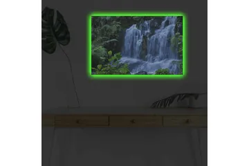 Lærredsbillede med LED-belysning - Vandfald omgivet af frodig grøn natur - Grøn / Blå / Hvid - Boligtilbehør - Billeder & kunst - Billeder på lærred