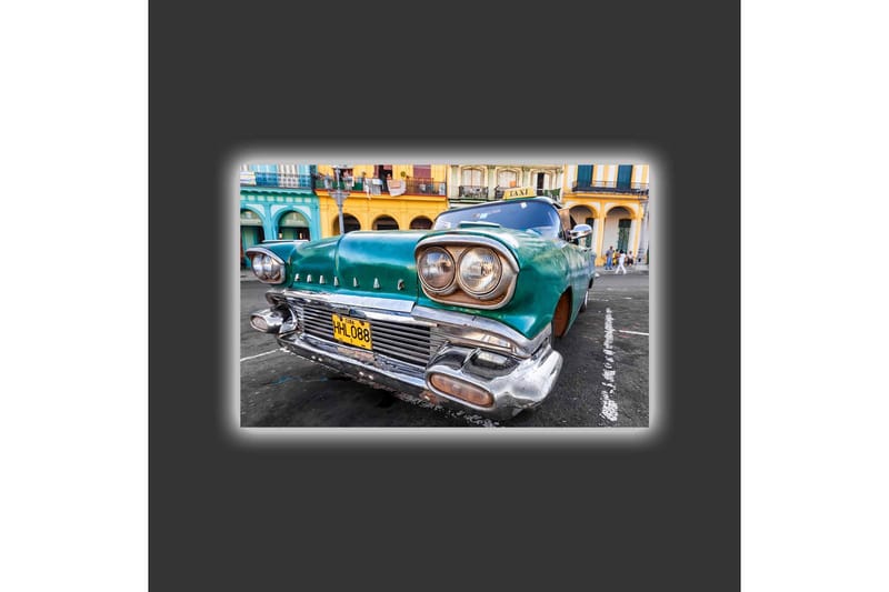 Lærredsbillede med LED-belysning - Vintagebil i retrostil med et grønt skær - Grøn / Sølv / Sort - Boligtilbehør - Billeder & kunst - Billeder på lærred