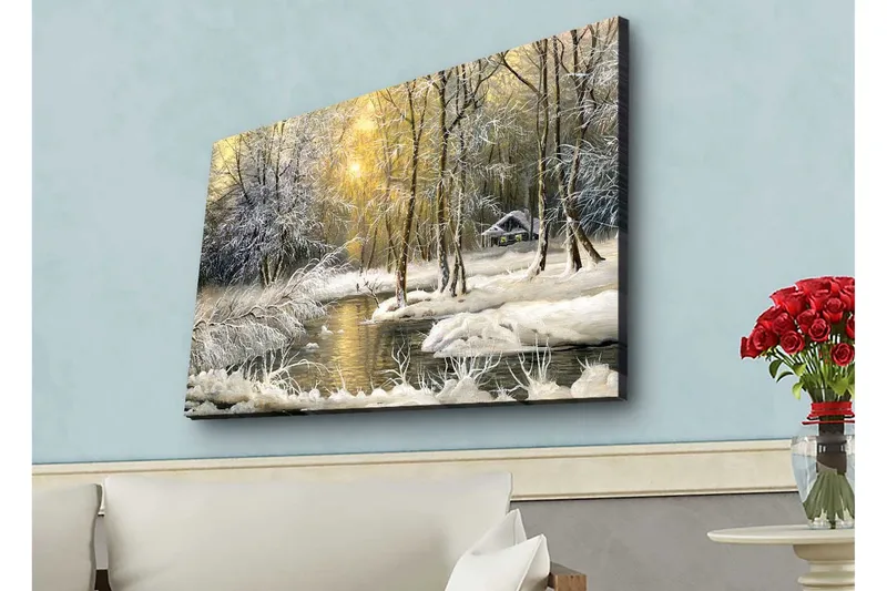 Lærredsbillede med LED-belysning - Vinterlandskab med snedækkede træer og en stille flod, Hvid / Lyseblå / Grøn