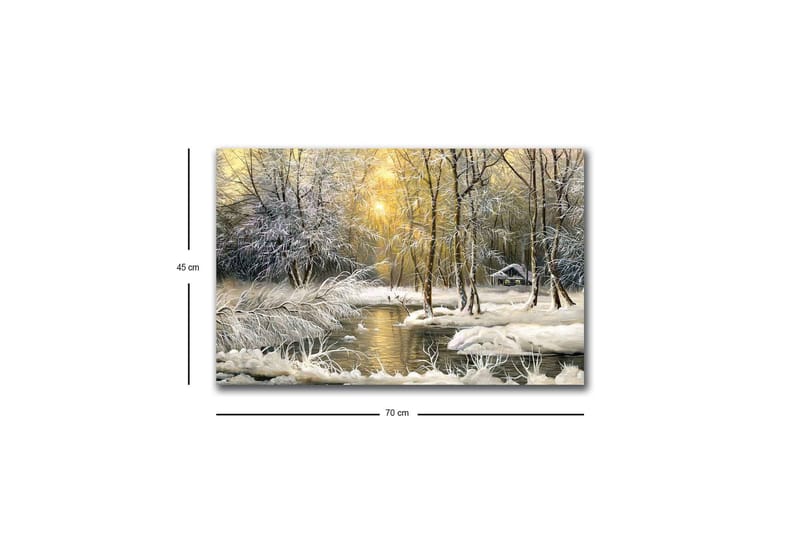 Lærredsbillede med LED-belysning - Vinterlandskab med snedækkede træer og en stille flod - Hvid / Lyseblå / Grøn - Boligtilbehør - Billeder & kunst - Billeder på lærred