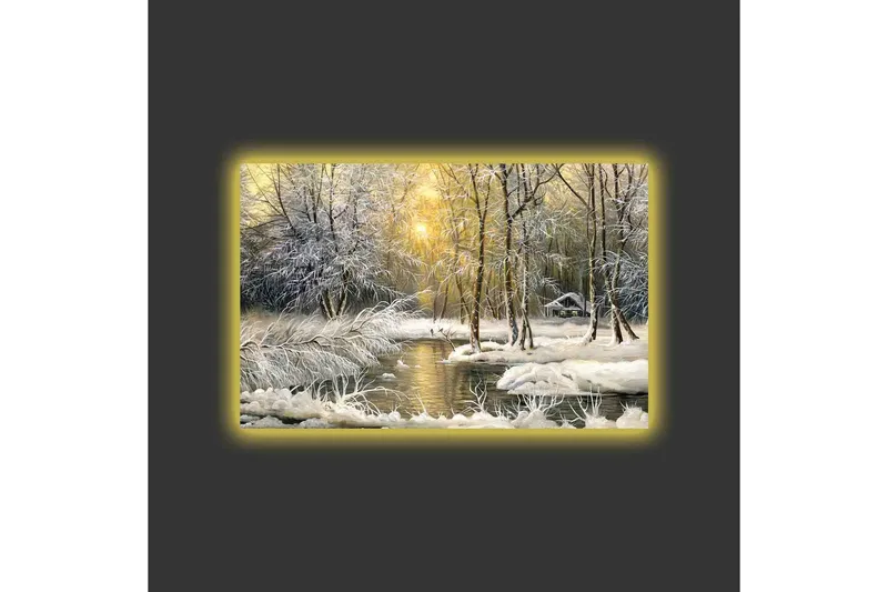 Lærredsbillede med LED-belysning - Vinterlandskab med snedækkede træer og en stille flod - Hvid / Lyseblå / Grøn - Boligtilbehør - Billeder & kunst - Billeder på lærred